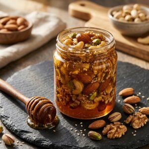 خلطة التسمين وزيادة الوزن الطبيعية بالعسل الملكي والمكسرات وغذاء ملكات النحل (750 جرام)